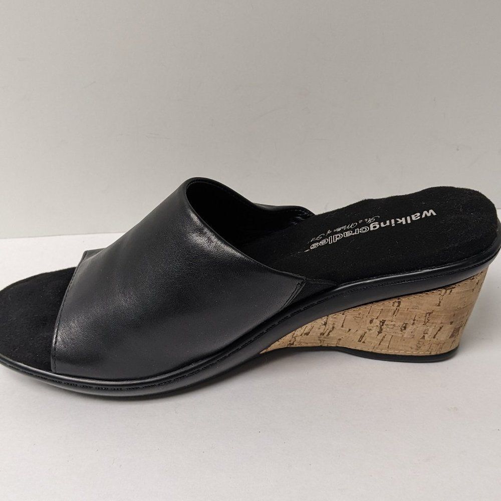 Walking Cradles Lynn Wedge Sandal Mules, Black Leather, Cork trim, Sz 9W - Picture 5 of 10